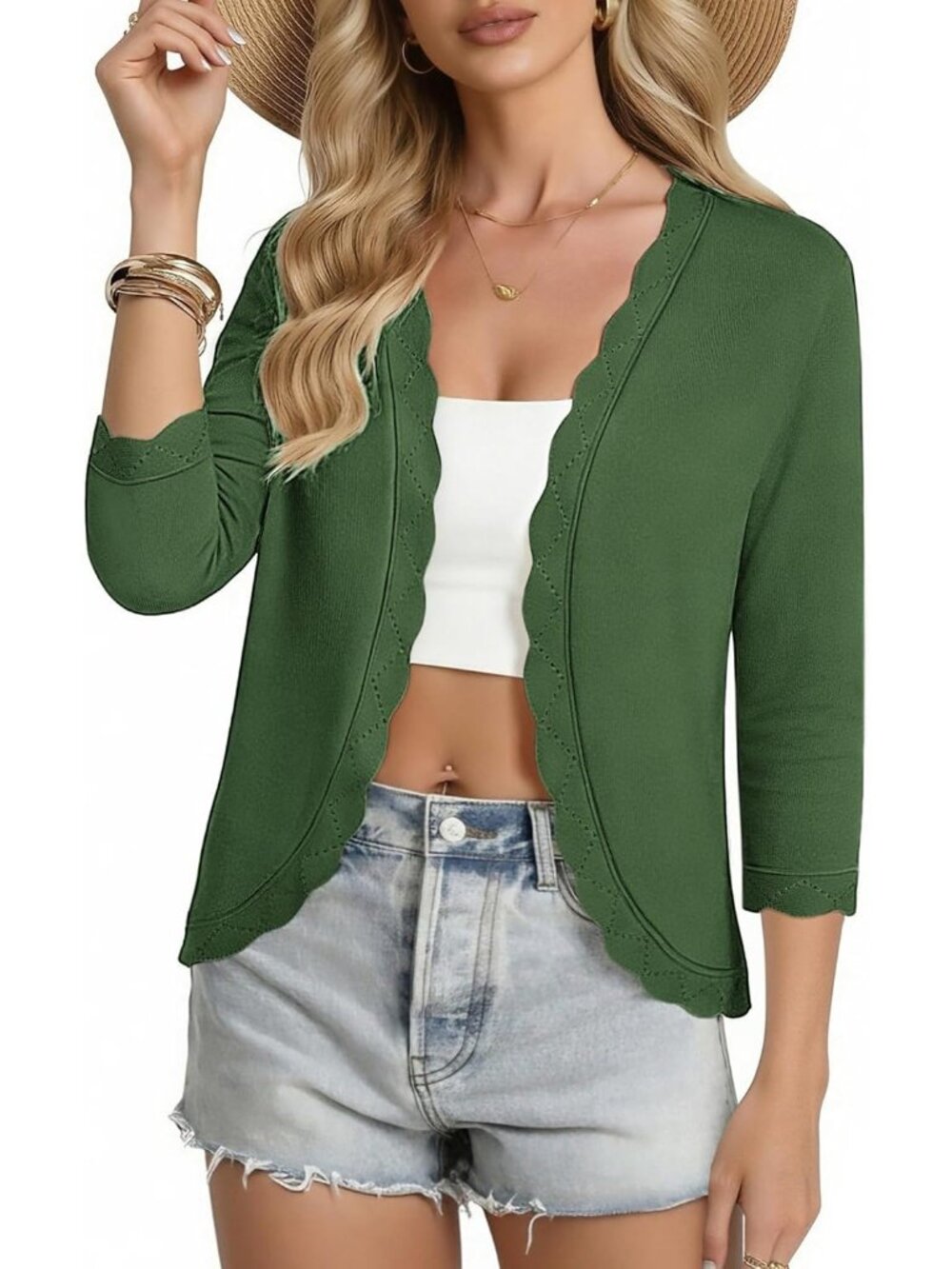 🆕Women's Dark Green Lightweight 3/4 Sleeve Cropped Cardigan Scalloped Shrug